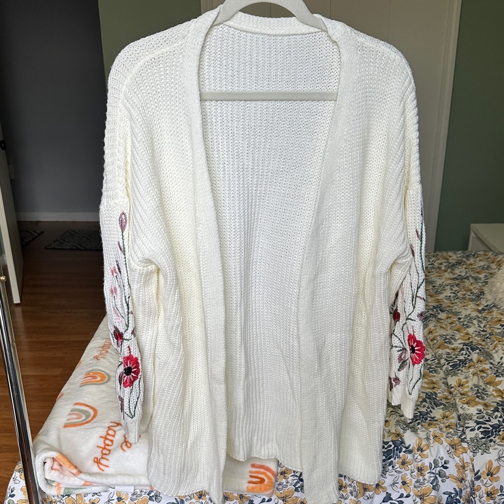 Embroidered Open-Front White Sweater